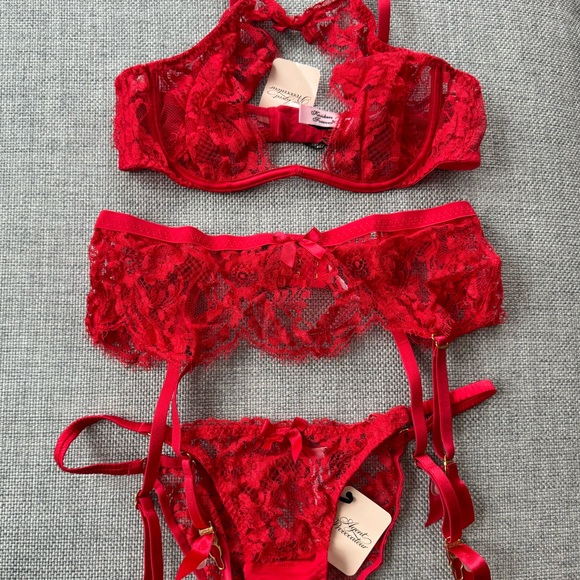 Agent Provocateur Red Lace Set - Bra (34B), Garter, Panty set (Size 3) - BNWT - Picture 5 of 8
